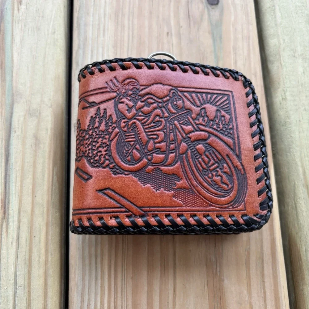 Vintage Leather Wallet Keep On Bikin Whipstitch Hand Tooled Motorcycle Bifold